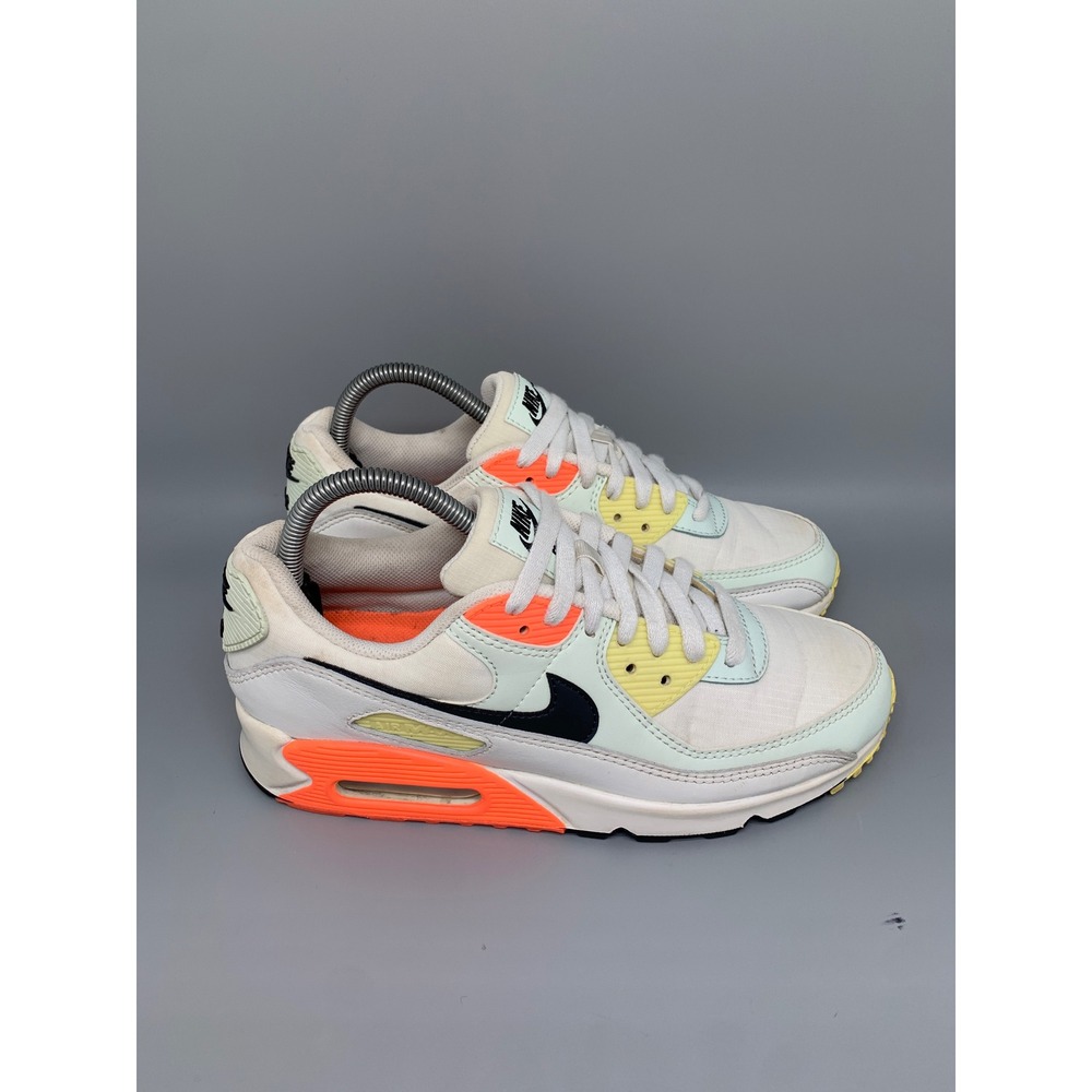 Nike‎ Air Max 90 White Black Volt Orange Shoes CV8819-101 Women's Sz 9